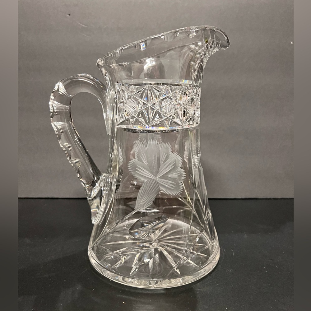Vintage crystal pitcher diamond cut and etched wild rose